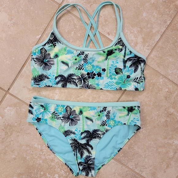 Bright Blue Green Strappy Back Girls Bikini Swimsuit - Picture 1 of 3
